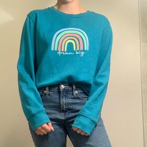 Positivitees 'Dream big' script with Rainbow heathered teal sweatshirt
